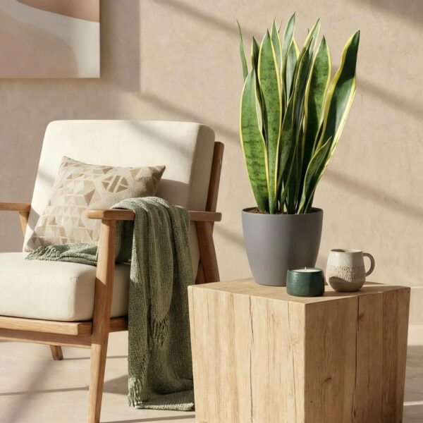 Sansevieria Laurentii - Vrouwentong - Weinig onderhoud - Groen - met Potter Grijs