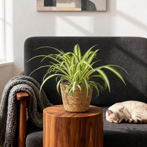 Chlorophytum comosum Variegatum - Bonte Graslelie - Huisdiervriendelijke Plant - Groen - 4 Planten - met Mand