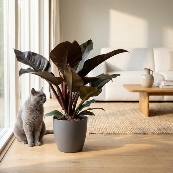 Philodendron - Philodendron Imperial Red - Rood - Weinig onderhoud - met Potter Grijs
