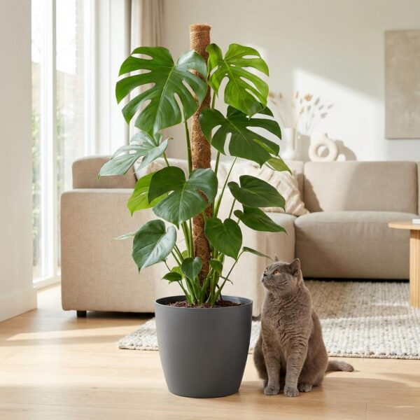 thumbnail_6000-57.jpg Gatenplant - Monstera Deliciosa mosstok - Groen - Weinig onderhoud - met Potter Grijs