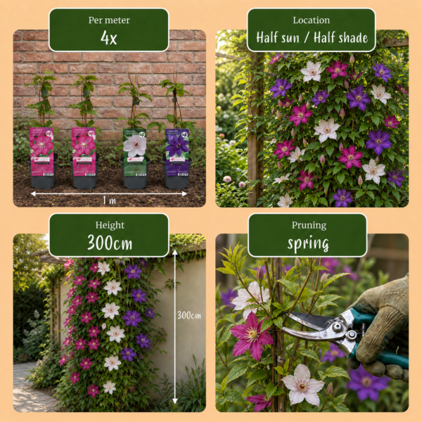 thumbnail_6000-217.png 9x Clematis Tricolour - Driekleurige bosrank - Paars - Roze - Wit - Klimplant