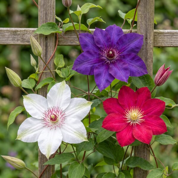 thumbnail_6000-48.jpg 9x Clematis Tricolour - Driekleurige bosrank - Paars - Roze - Wit - Klimplant
